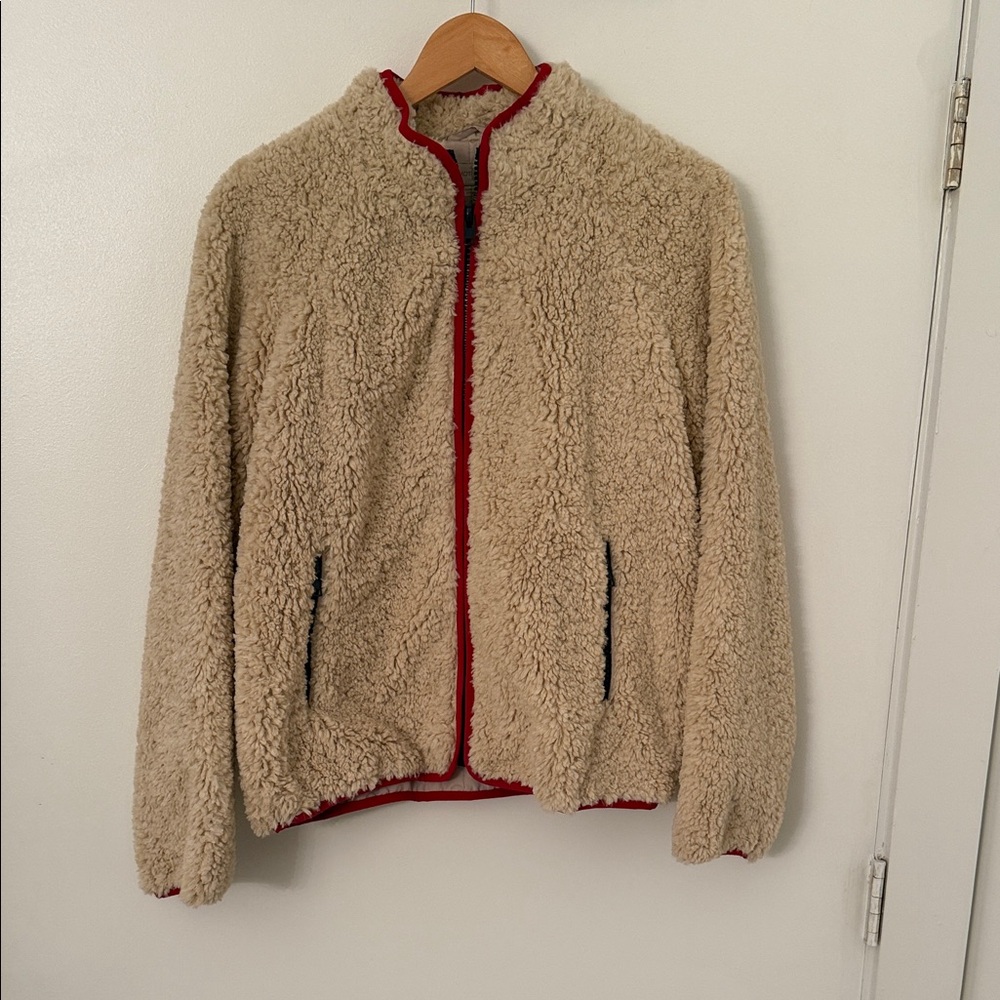 Mother Cozy Tan Sherpa Jacket with Red Trim